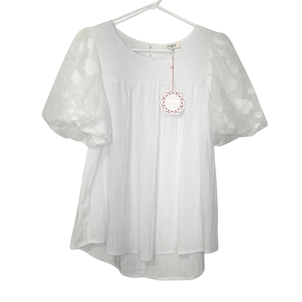 Umgee White Smocked Babydoll Top Blouse Short Puff Sleeves Womens Size M New